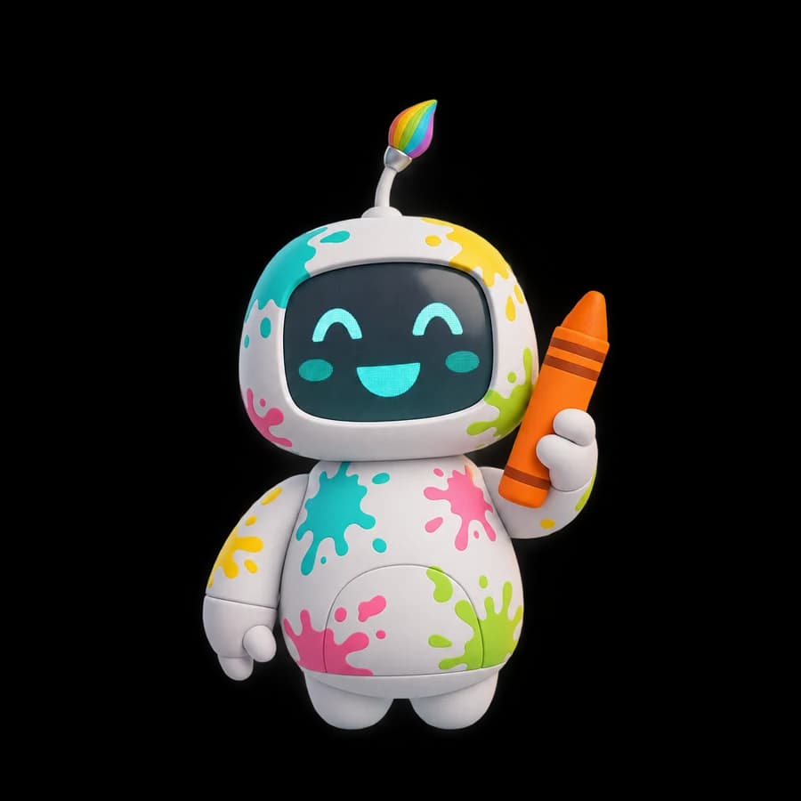 Pip, the SketchSkool Kids painting robot, holding a crayon