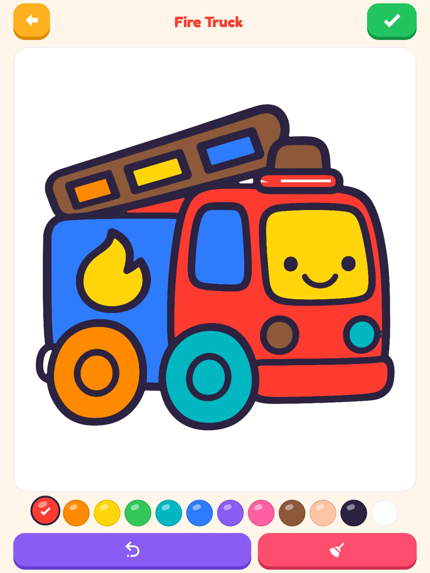 SketchSkool Kids on iPad: a fire truck coloured in bright colours